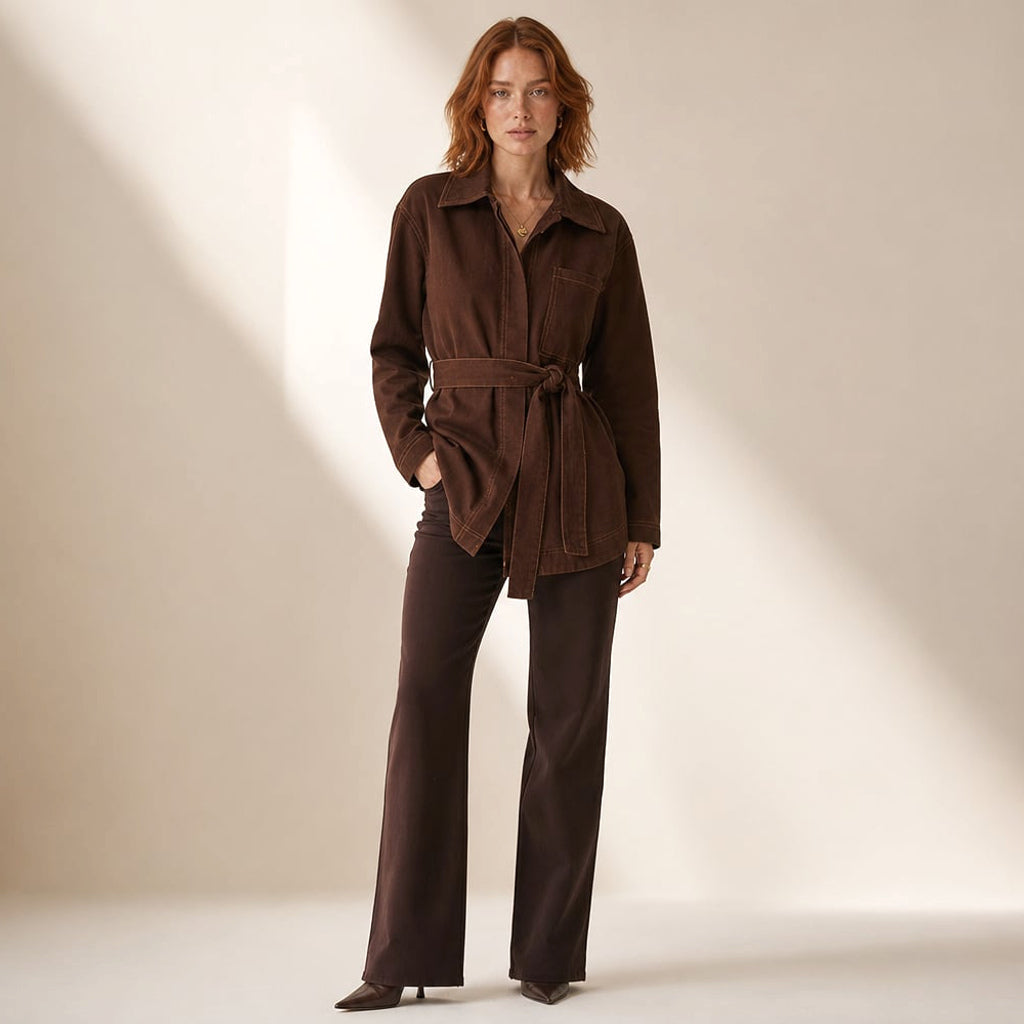 Top denim longline con amarre en la cintura Chocolate Denim – Labetina