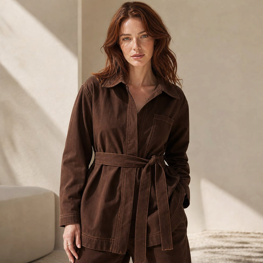 Top denim longline con amarre en la cintura Chocolate Denim – Labetina