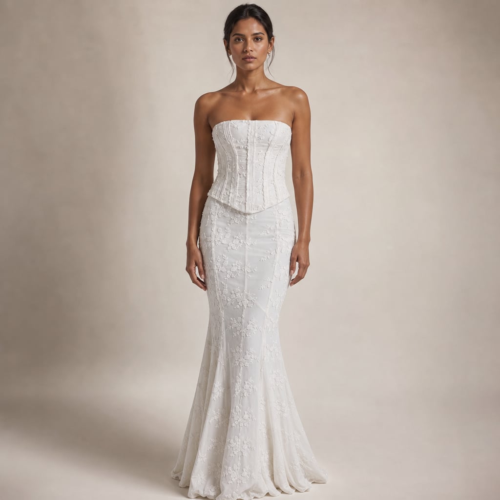 Vestido maxi sirena blanco sin tirantes con corsé de varillas y falda de encaje de piso, vista frontal completa