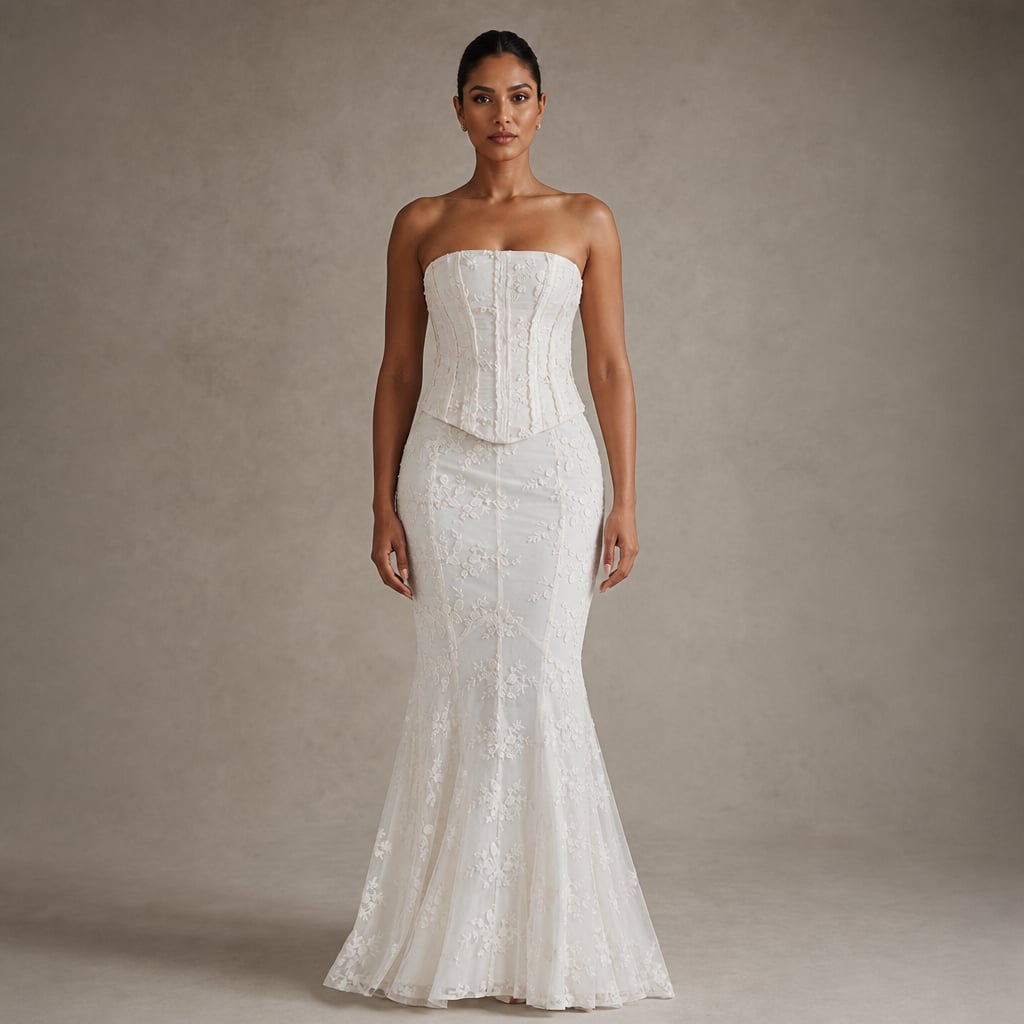 Modelo de pie con vestido maxi sirena blanco de encaje y corsé strapless, mostrando el vuelo de piso