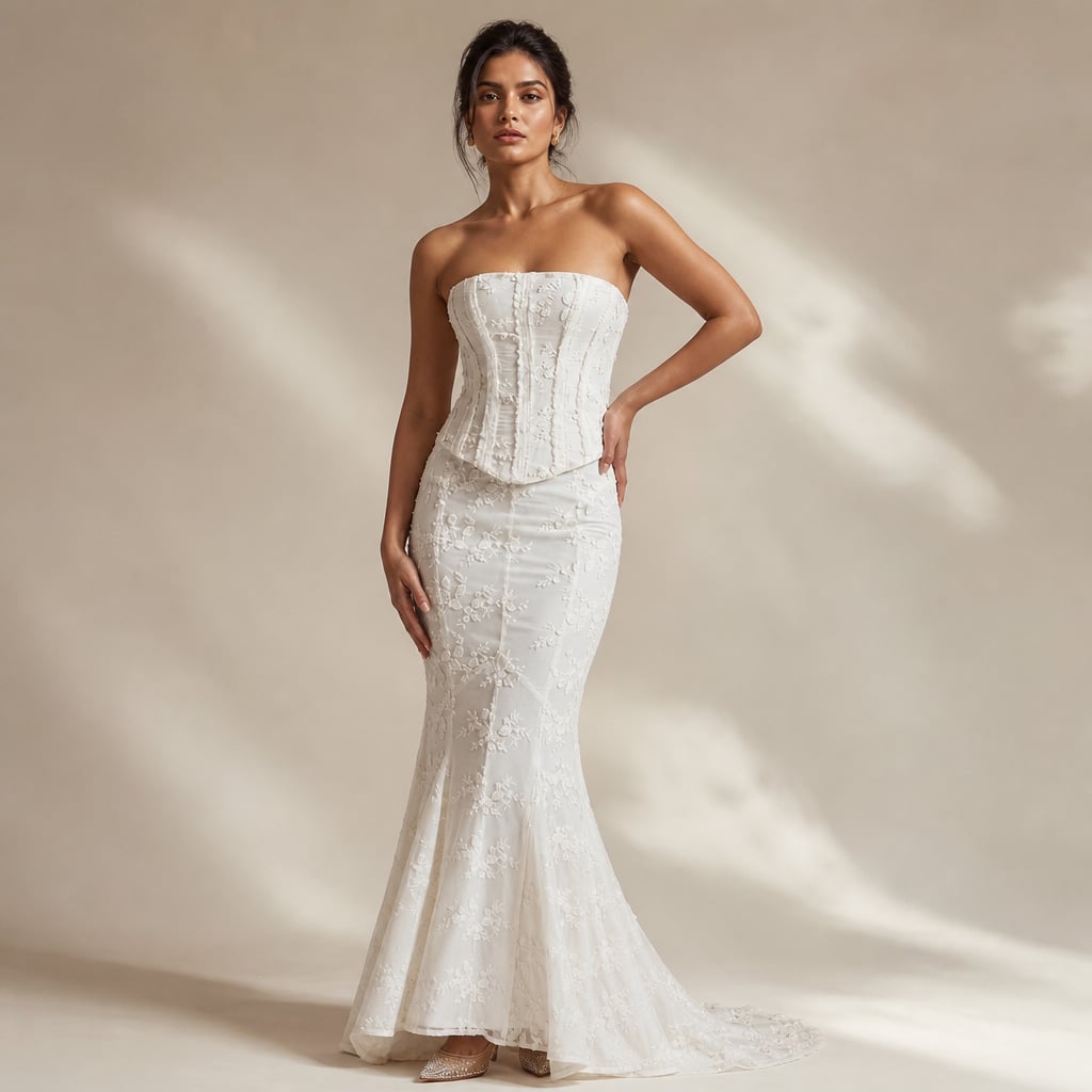 Vestido maxi sirena sin tirantes de encaje y corsé blanco – Labetina