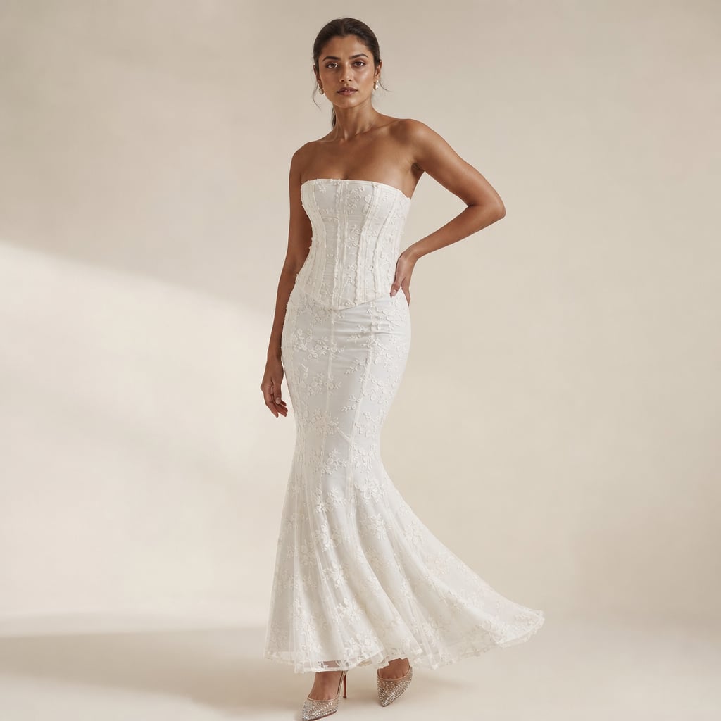 Vestido maxi sirena sin tirantes de encaje y corsé blanco – Labetina