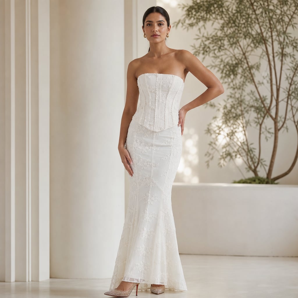 Vestido maxi sirena sin tirantes de encaje y corsé blanco – Labetina